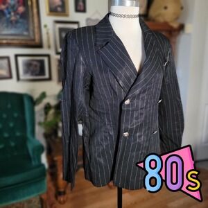 John Roberts Blazer Jacket Vintage 80s Black Pinstripe Double Breasted Women's